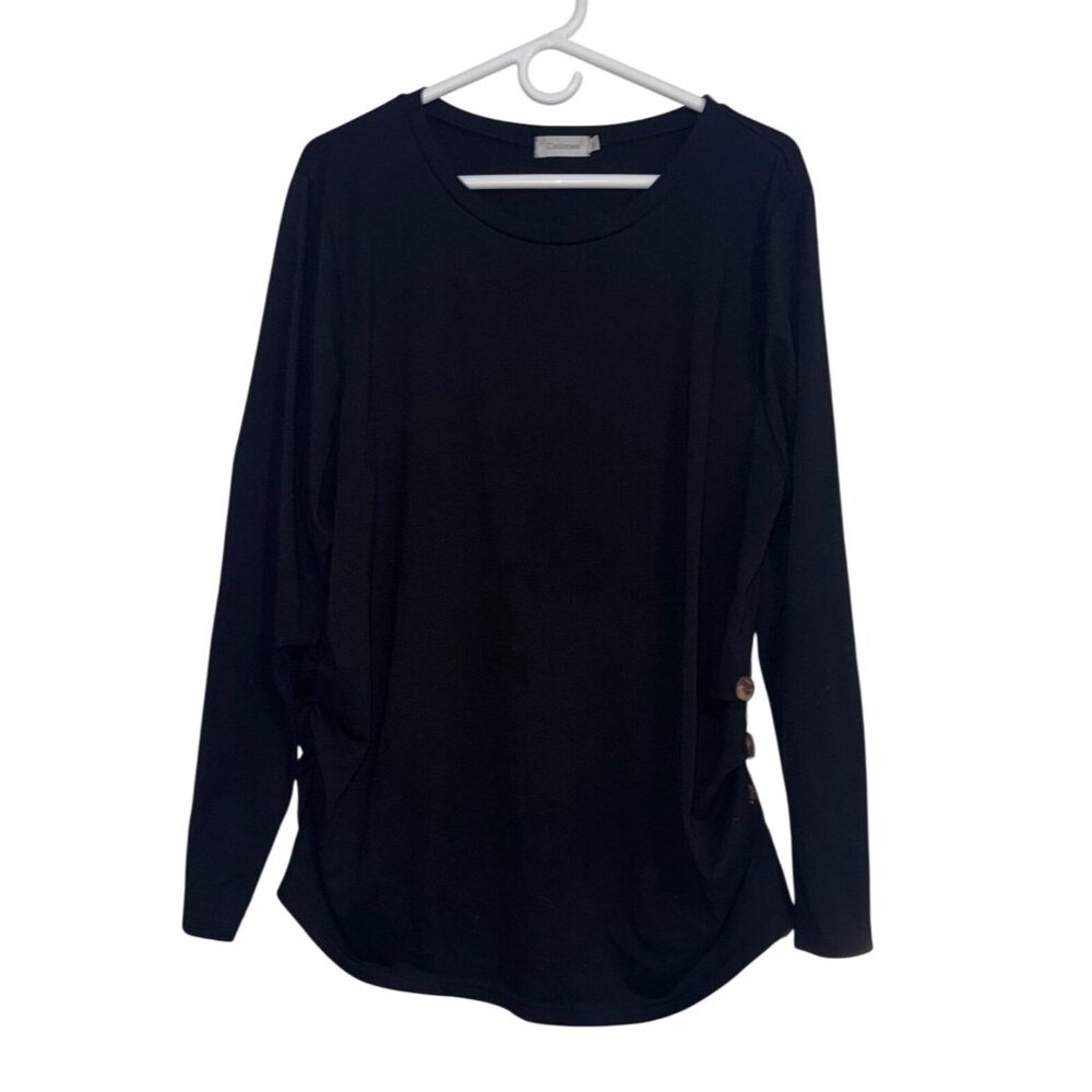 Black Long Sleeve Womens Top With Decorative Wooden Buttons By Coolmee